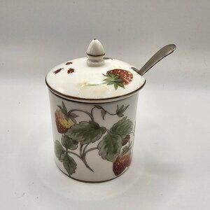 Coalport Bone China Strawberry Jam Jar With Lid & Spoon Made In England Vintage
